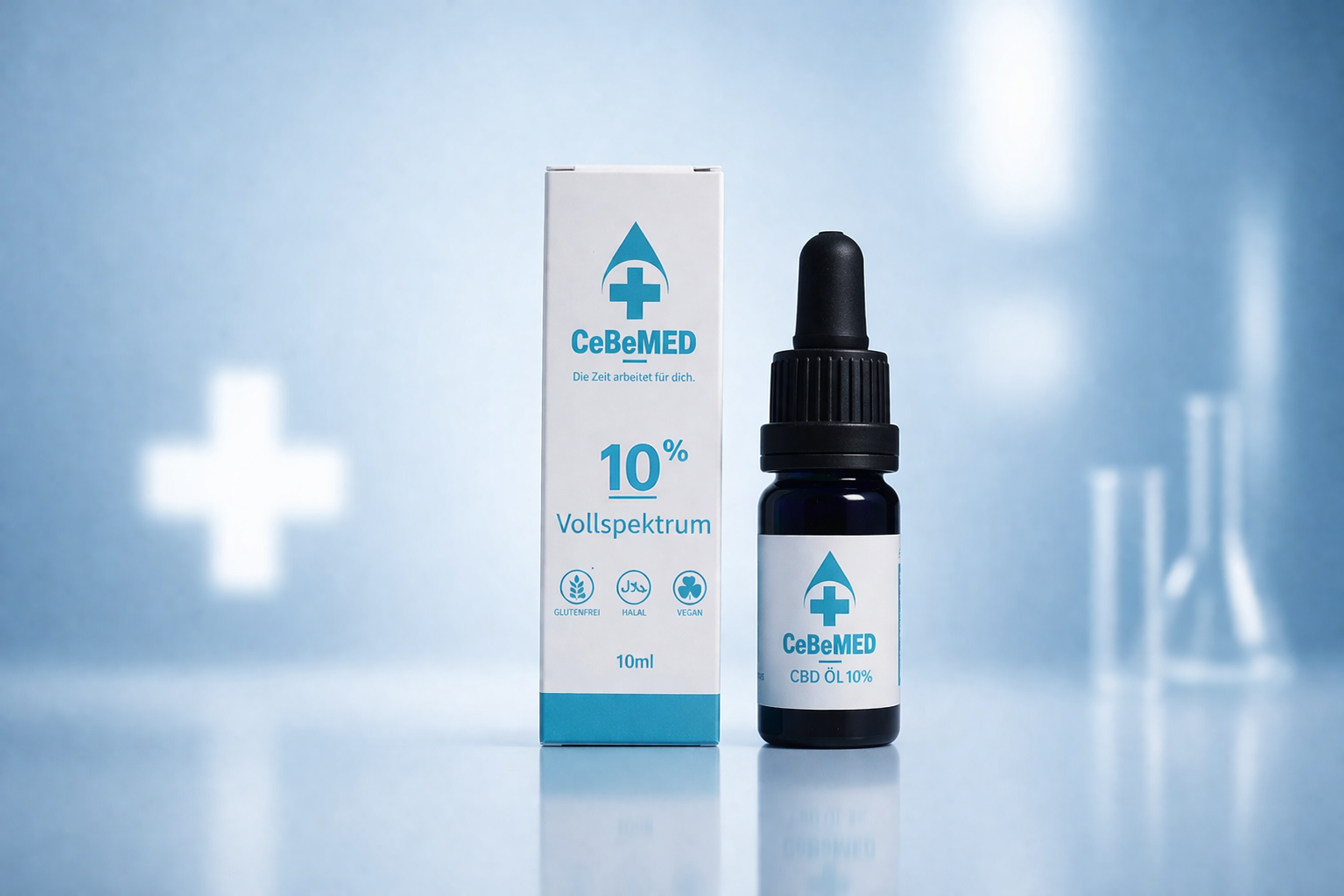 CeBeMED CBD-Öl 10 % Vollspektrum – Karton und Pipettenflasche